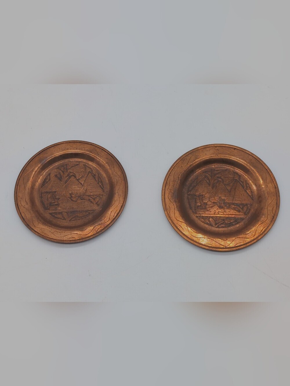 Vintage Egyptian Copper Coasters Small Plates Sphinx & Pyramids - Pair of 2